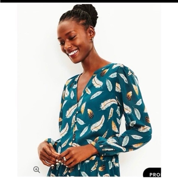 LOFT Teal Feather Print Babydoll Dress - Picture 4 of 10